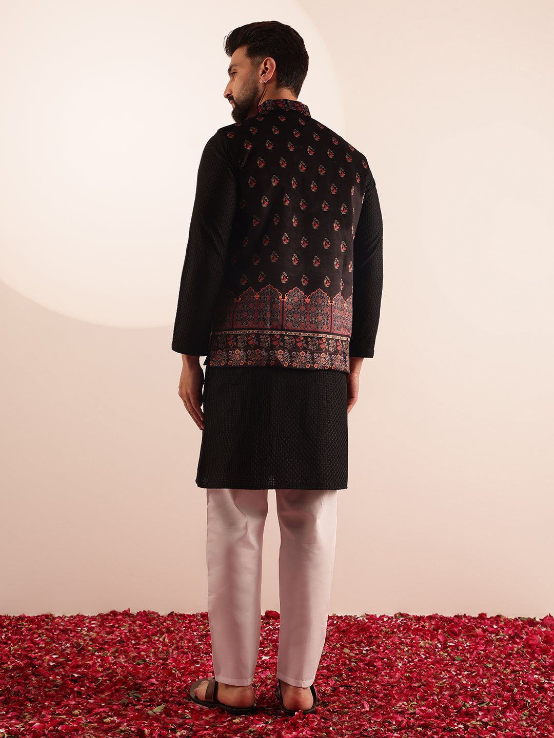 Men's Cotton Black Kurta & White Pyjama With Paisley Design Velvet Black Nehru Jacket