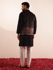 Men's Cotton Black Kurta & White Pyjama With Paisley Design Velvet Black Nehru Jacket