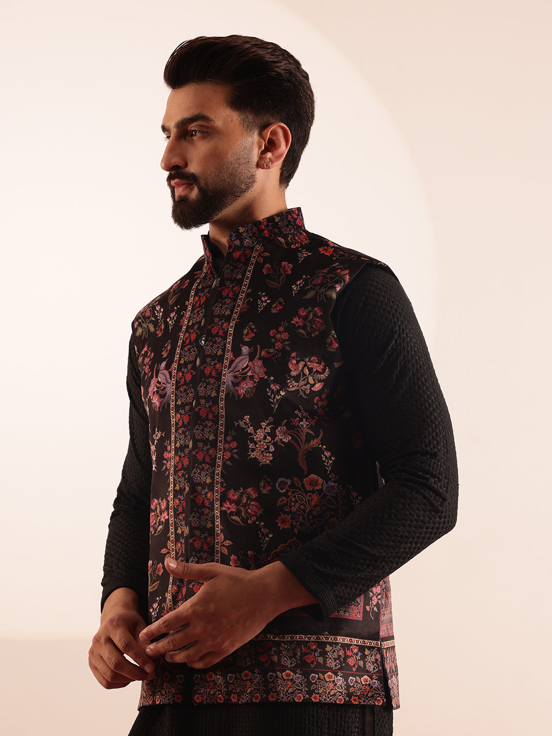 Men's Cotton Black Kurta & White Pyjama With Paisley Design Velvet Black Nehru Jacket