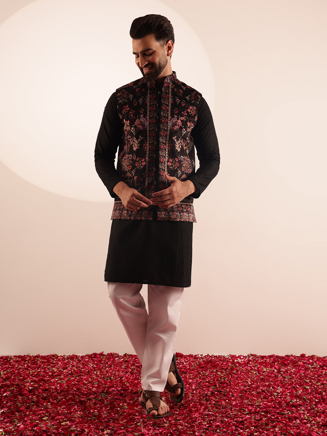 Men's Cotton Black Kurta & White Pyjama With Paisley Design Velvet Black Nehru Jacket