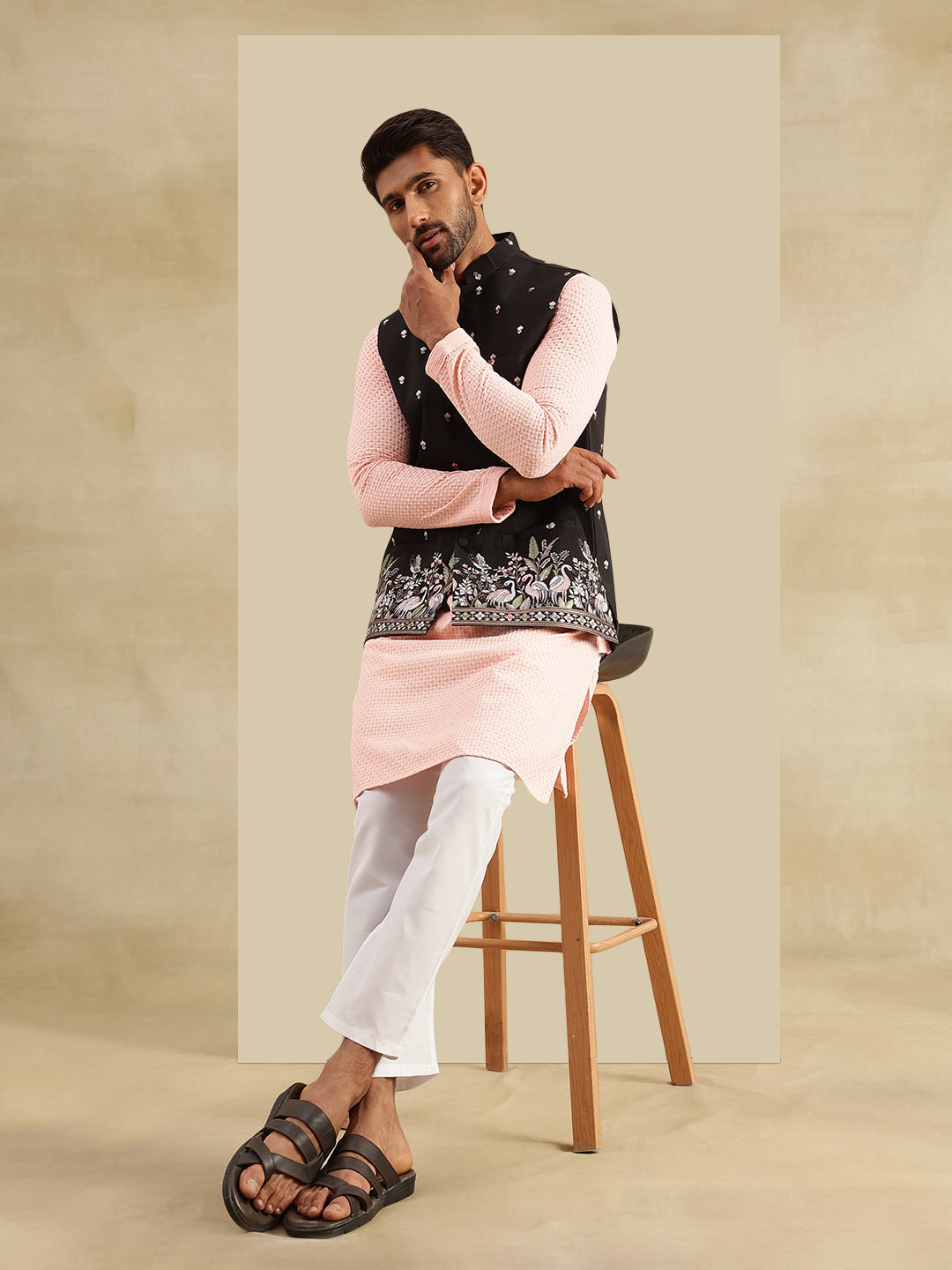Men's Cotton Peach Kurta & White Pyjama With Daman Embroidered Black Nehru Jacket