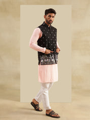 Men's Cotton Peach Kurta & White Pyjama With Daman Embroidered Black Nehru Jacket