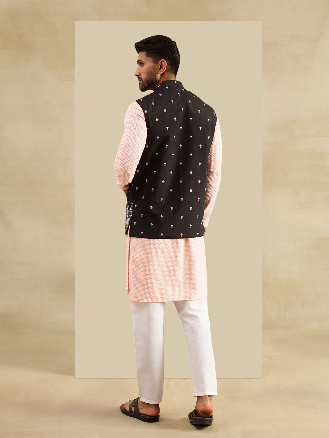 Men's Cotton Peach Kurta & White Pyjama With Daman Embroidered Black Nehru Jacket