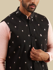 Men's Cotton Peach Kurta & White Pyjama With Daman Embroidered Black Nehru Jacket