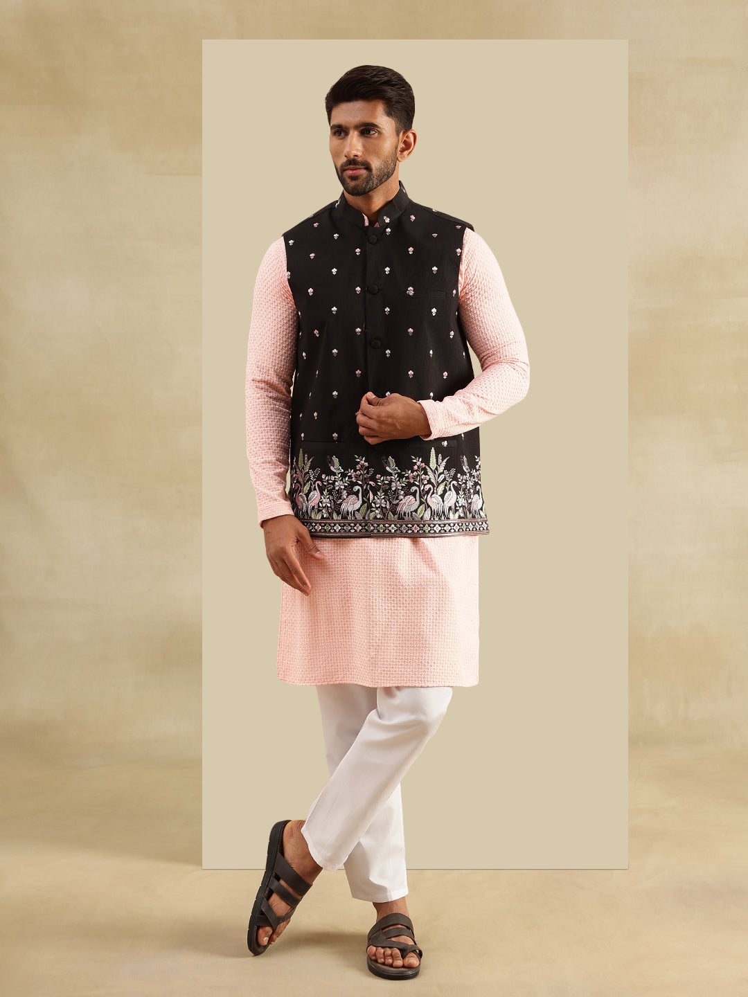 Men's Cotton Peach Kurta & White Pyjama With Daman Embroidered Black Nehru Jacket