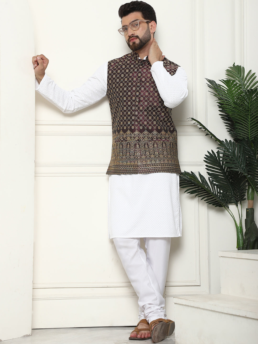 Men's Pure Cotton White Kurta and White Pyjama With Wine Nehru Jacket Set