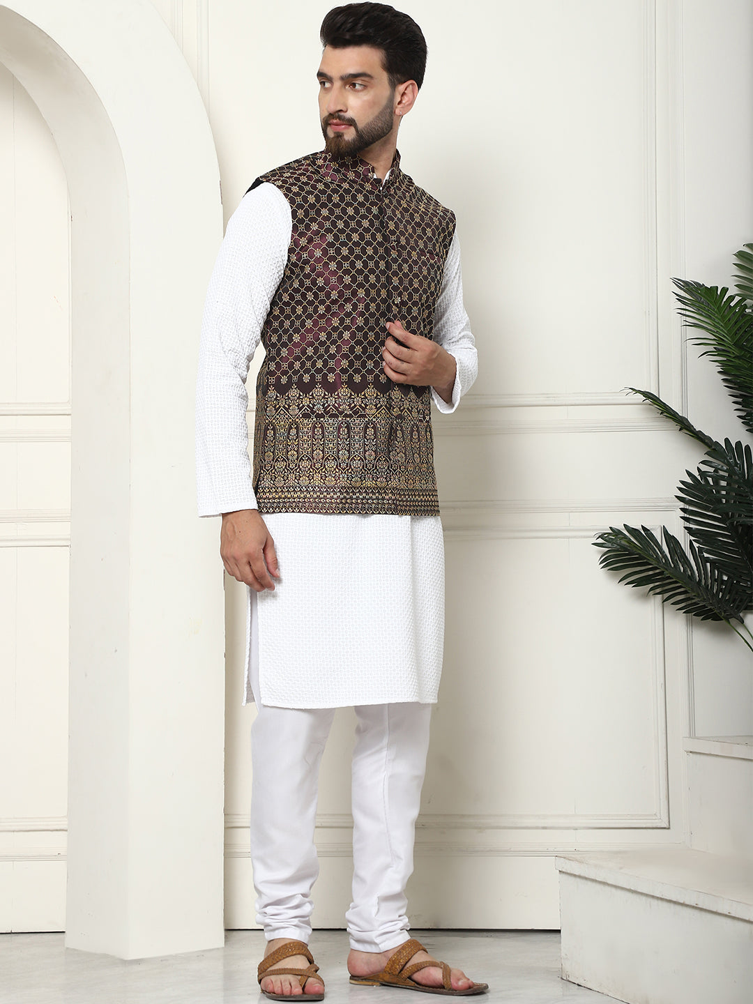 Men's Pure Cotton White Kurta and White Pyjama With Wine Nehru Jacket Set