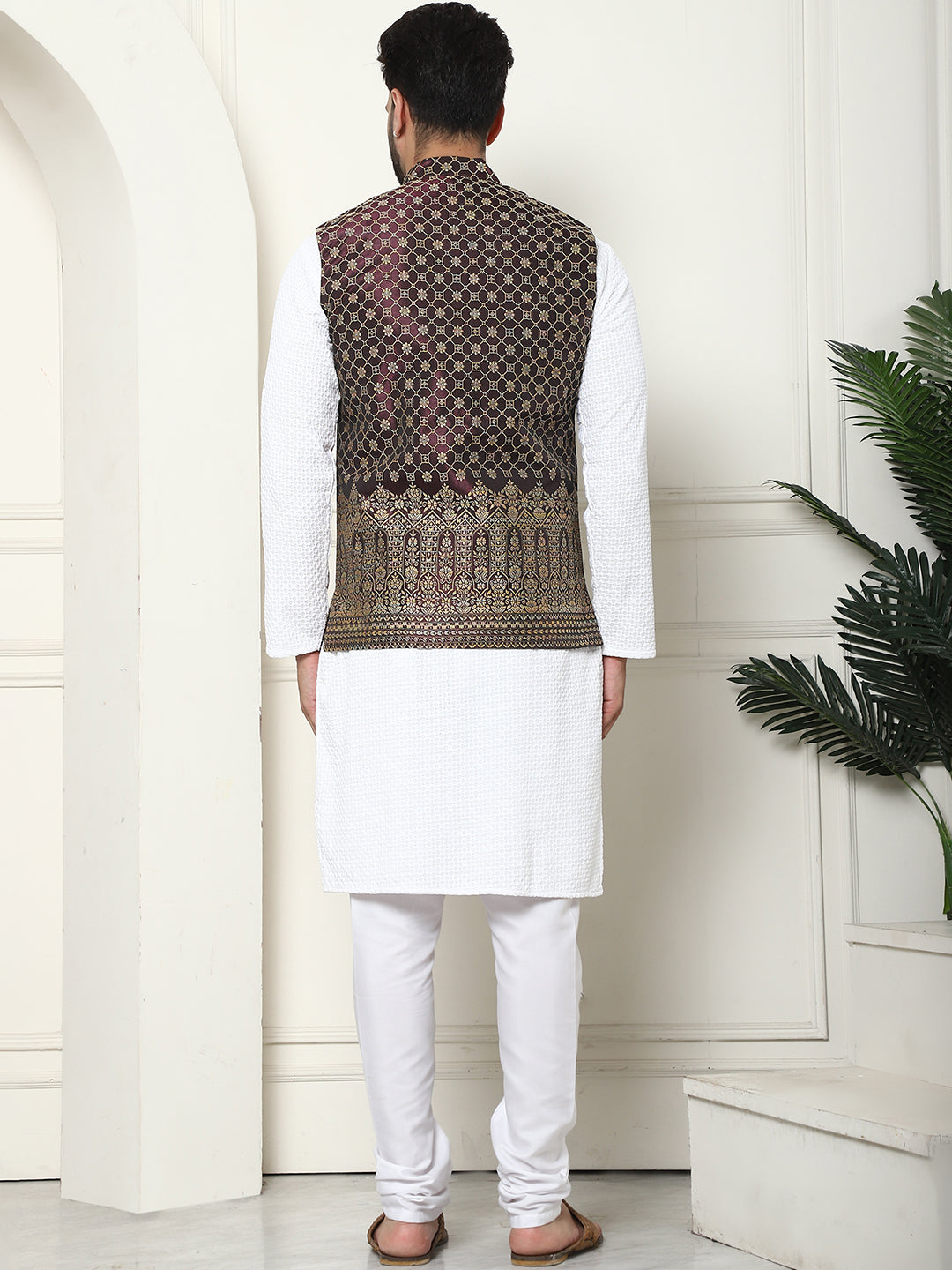 Men's Pure Cotton White Kurta and White Pyjama With Wine Nehru Jacket Set