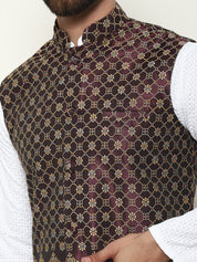 Men's Pure Cotton White Kurta and White Pyjama With Wine Nehru Jacket Set