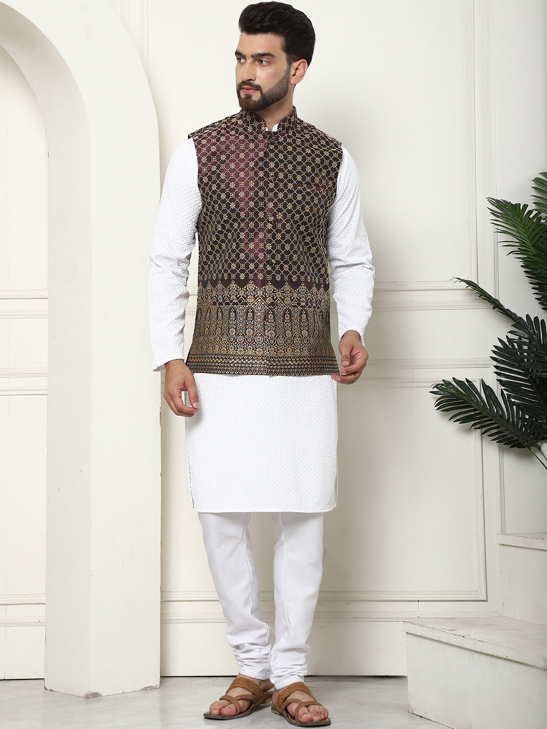 Men's Pure Cotton White Kurta and White Pyjama With Wine Nehru Jacket Set