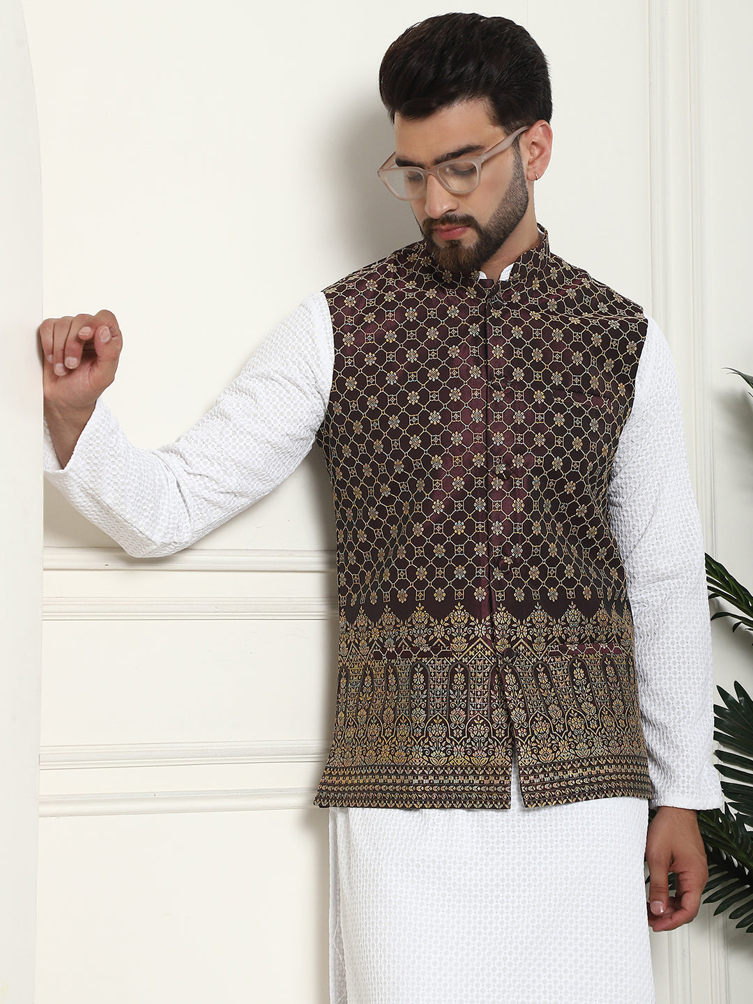 Men's Pure Cotton White Kurta and White Pyjama With Wine Nehru Jacket Set