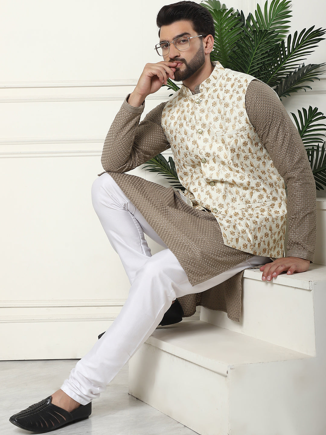 Men's Pure Cotton Coffee Kurta and White Pyjama With Embroidered Cream Nehru Jacket Set