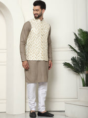 Men's Pure Cotton Coffee Kurta and White Pyjama With Embroidered Cream Nehru Jacket Set