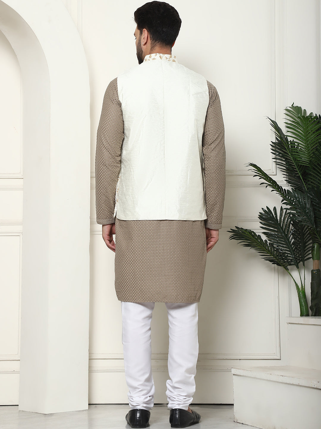 Men's Pure Cotton Coffee Kurta and White Pyjama With Embroidered Cream Nehru Jacket Set