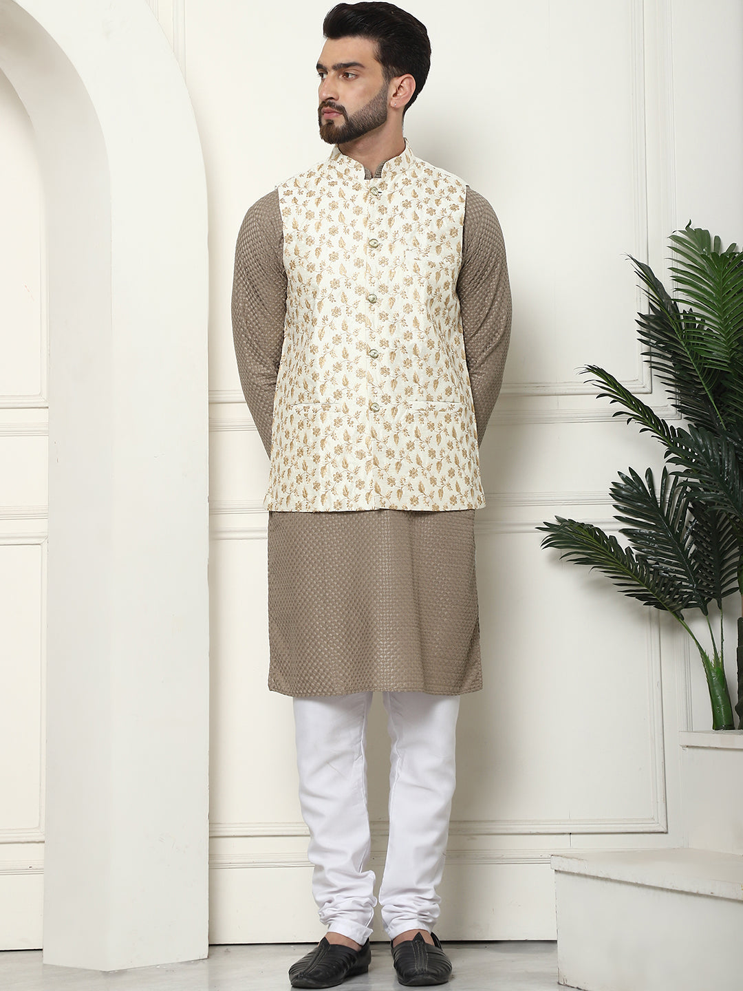 Men's Pure Cotton Coffee Kurta and White Pyjama With Embroidered Cream Nehru Jacket Set