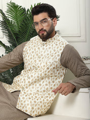 Men's Pure Cotton Coffee Kurta and White Pyjama With Embroidered Cream Nehru Jacket Set