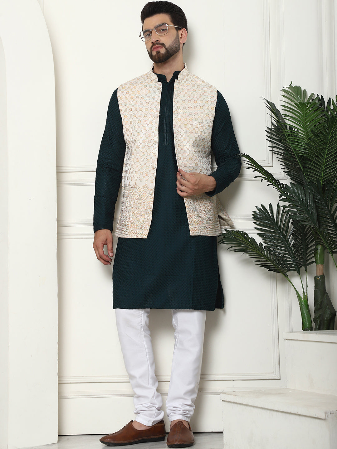 Men's Pure Cotton Brown Kurta and White Pyjama With Cream Nehru Jacket Set