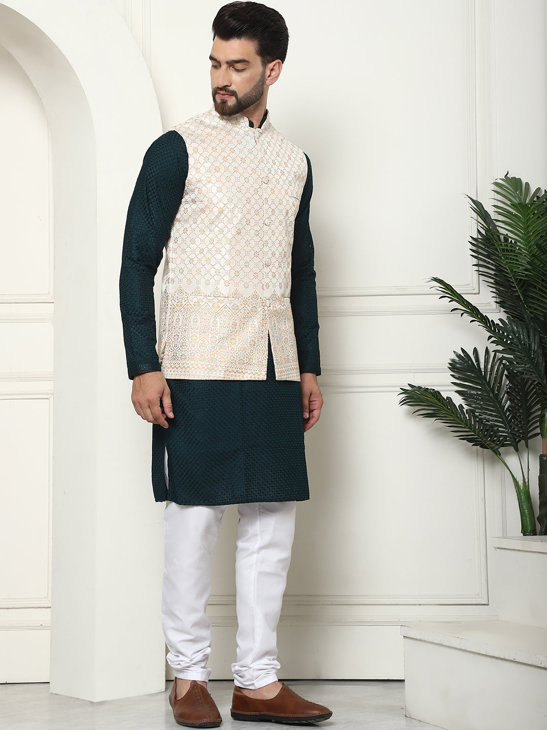 Men's Pure Cotton Brown Kurta and White Pyjama With Cream Nehru Jacket Set