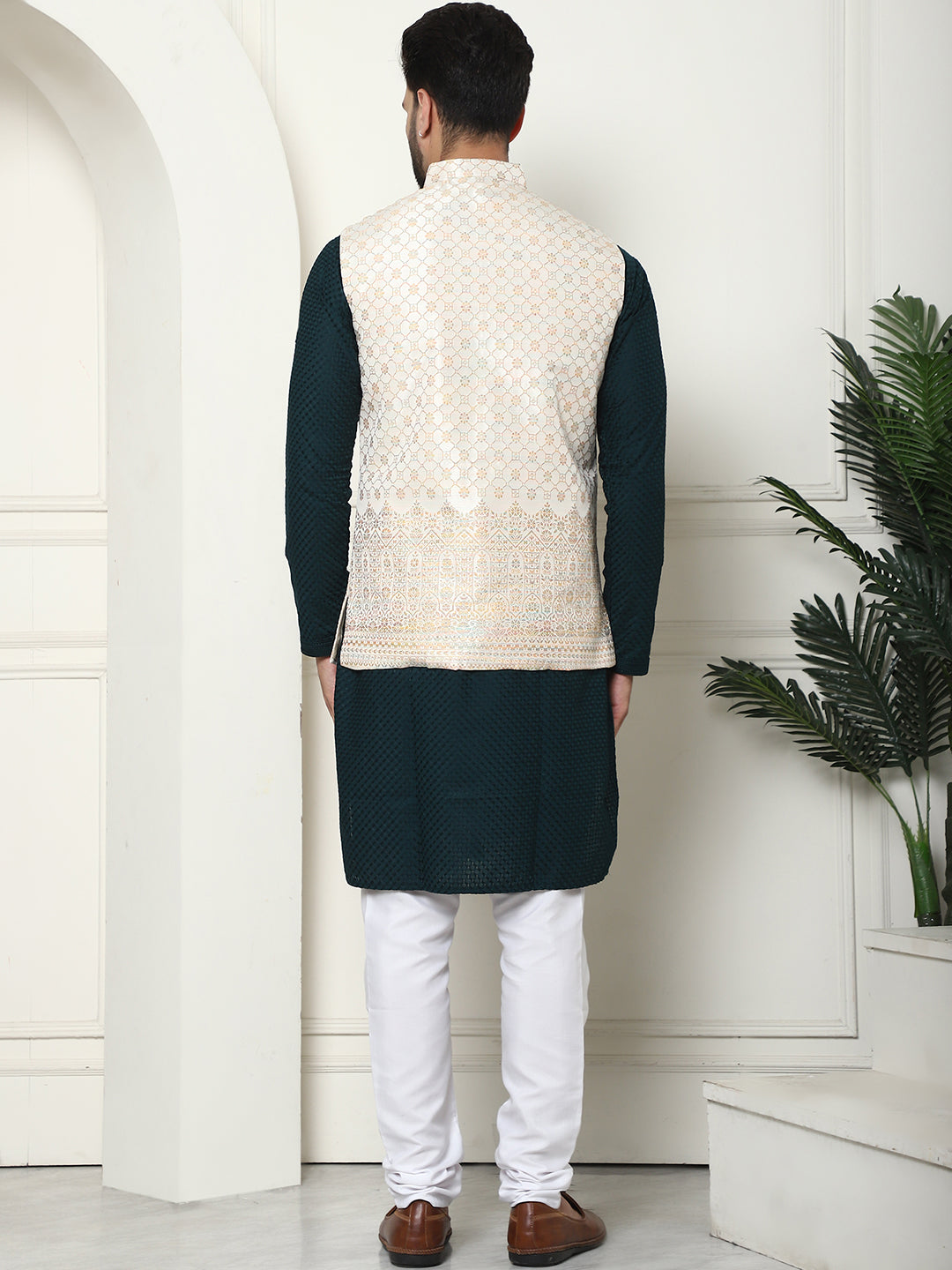 Men's Pure Cotton Brown Kurta and White Pyjama With Cream Nehru Jacket Set