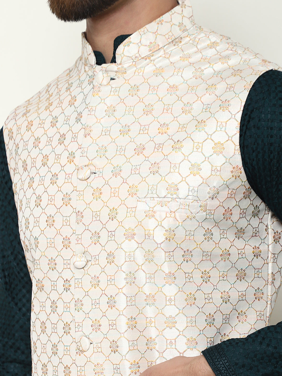 Men's Pure Cotton Brown Kurta and White Pyjama With Cream Nehru Jacket Set