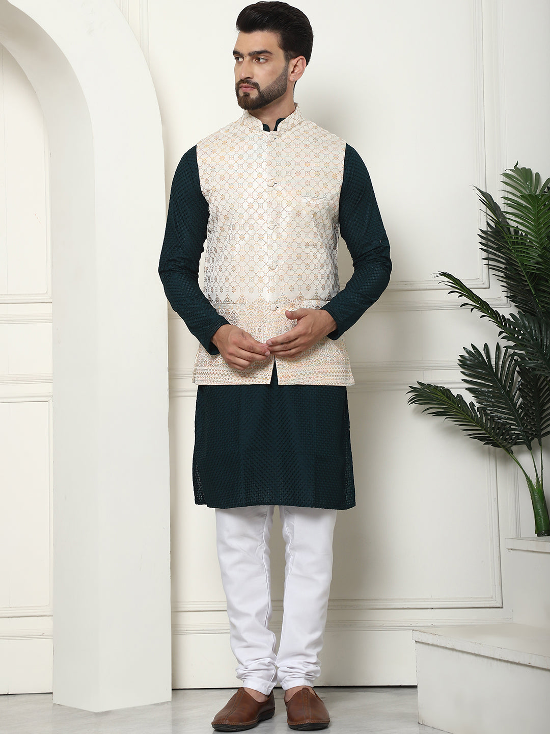 Men's Pure Cotton Brown Kurta and White Pyjama With Cream Nehru Jacket Set