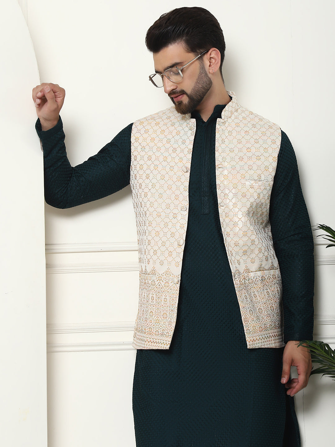 Men's Pure Cotton Brown Kurta and White Pyjama With Cream Nehru Jacket Set