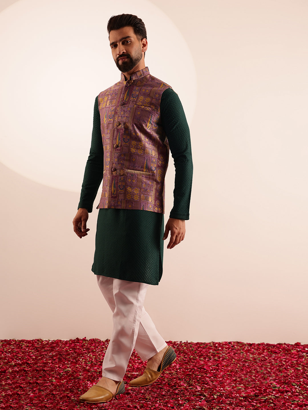 Men's Cotton Bottle Green Kurta & White Pyjama With Jacquard Silk Purple Nehru Jacket