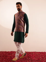 Men's Cotton Bottle Green Kurta & White Pyjama With Jacquard Silk Purple Nehru Jacket