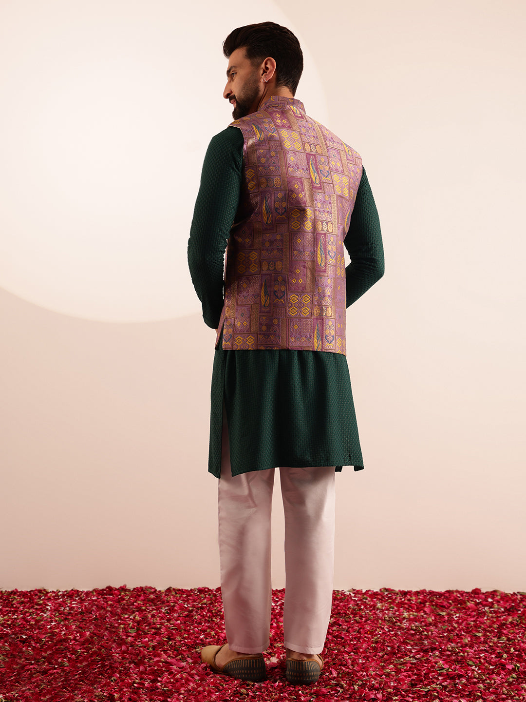 Men's Cotton Bottle Green Kurta & White Pyjama With Jacquard Silk Purple Nehru Jacket