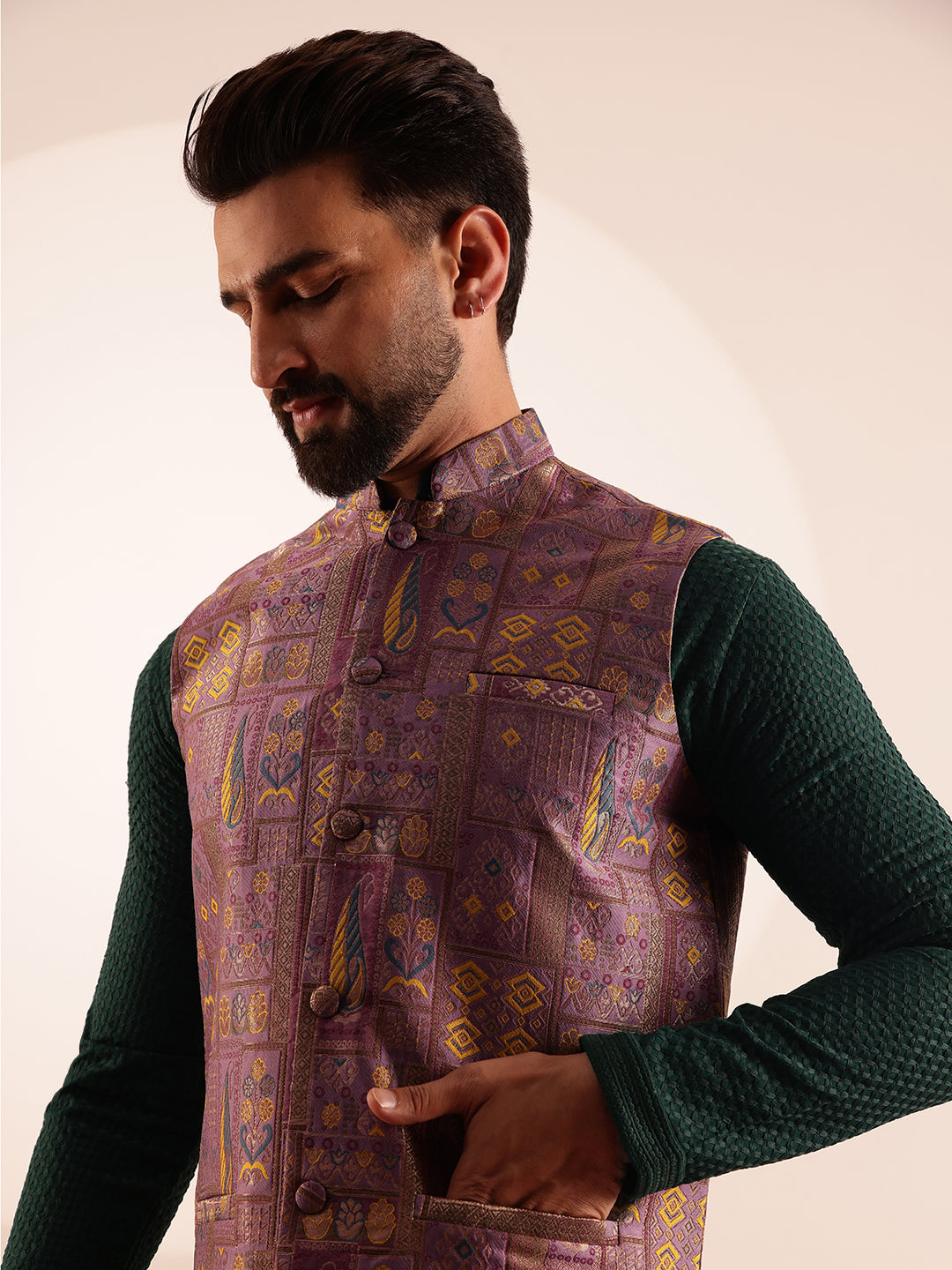 Men's Cotton Bottle Green Kurta & White Pyjama With Jacquard Silk Purple Nehru Jacket