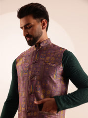 Men's Cotton Bottle Green Kurta & White Pyjama With Jacquard Silk Purple Nehru Jacket