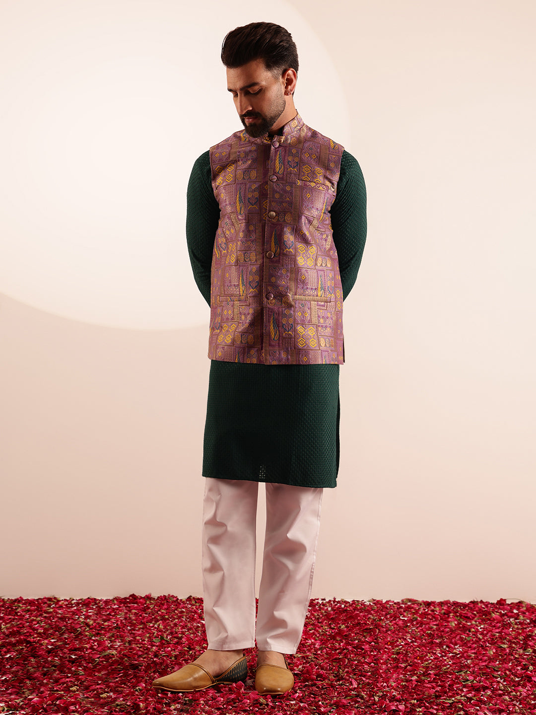 Men's Cotton Bottle Green Kurta & White Pyjama With Jacquard Silk Purple Nehru Jacket