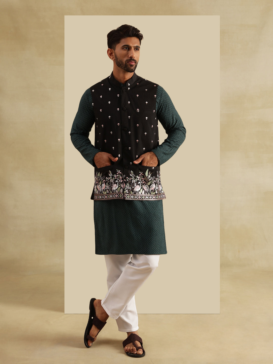 Men's Cotton Green Kurta & White Pyjama With Daman Embroidered Black Nehru Jacket