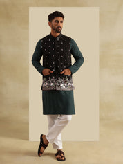 Men's Cotton Green Kurta & White Pyjama With Daman Embroidered Black Nehru Jacket