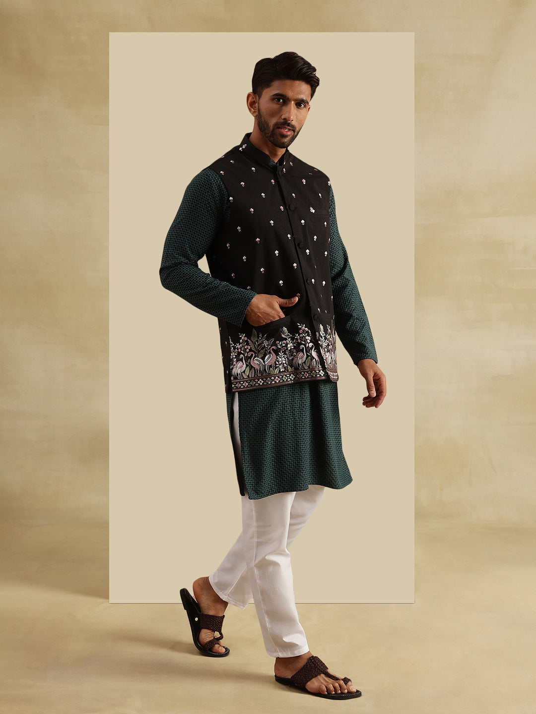 Men's Cotton Green Kurta & White Pyjama With Daman Embroidered Black Nehru Jacket