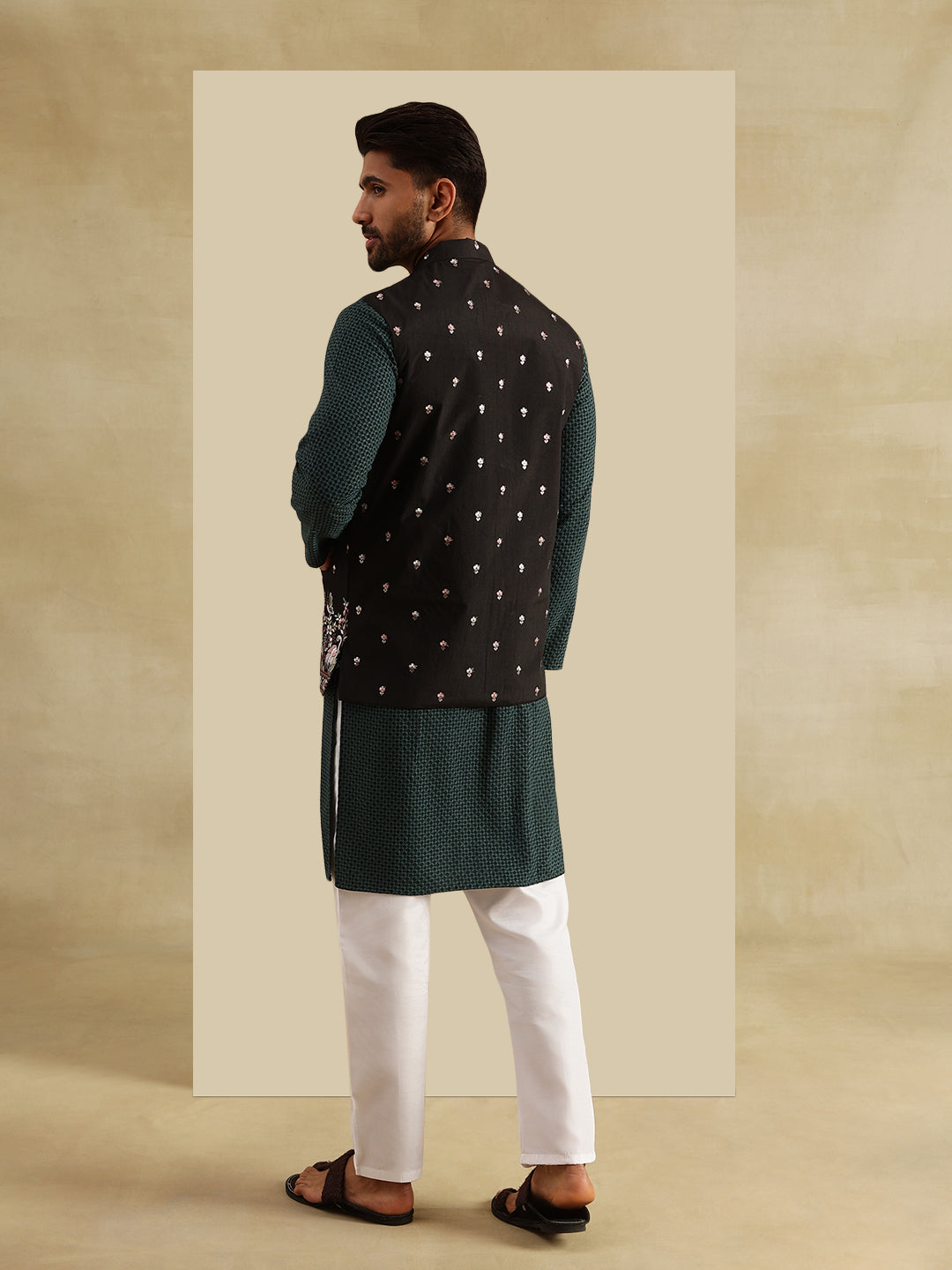Men's Cotton Green Kurta & White Pyjama With Daman Embroidered Black Nehru Jacket