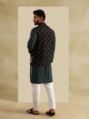 Men's Cotton Green Kurta & White Pyjama With Daman Embroidered Black Nehru Jacket