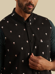 Men's Cotton Green Kurta & White Pyjama With Daman Embroidered Black Nehru Jacket