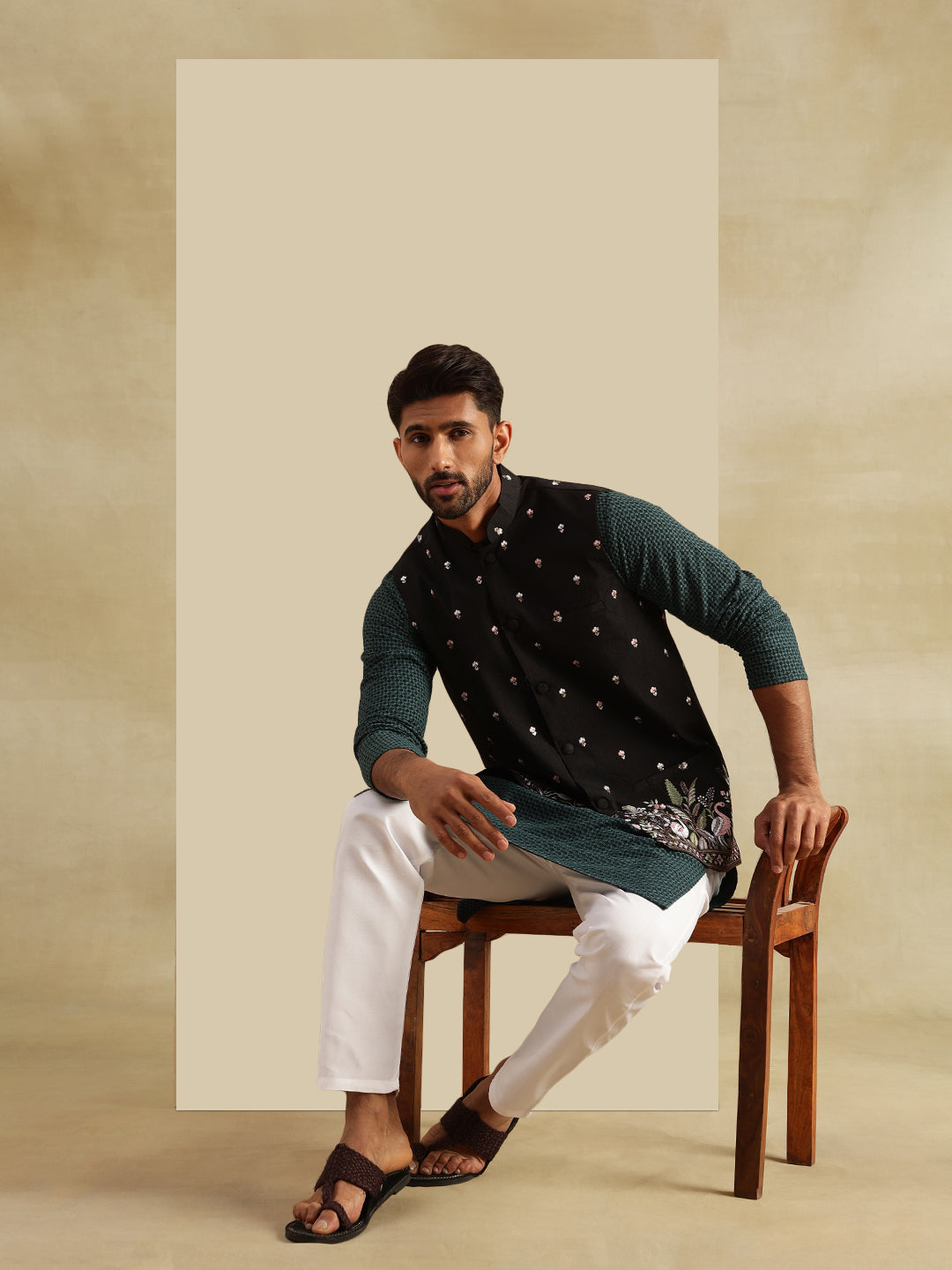 Men's Cotton Green Kurta & White Pyjama With Daman Embroidered Black Nehru Jacket