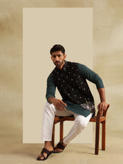 Men's Cotton Green Kurta & White Pyjama With Daman Embroidered Black Nehru Jacket
