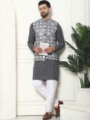 Men's Cotton Contrast Embroidered Grey Kurta and White Pyjama With Embroidered Grey Nehru Jacket