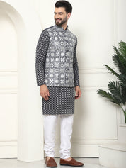 Men's Cotton Contrast Embroidered Grey Kurta and White Pyjama With Embroidered Grey Nehru Jacket