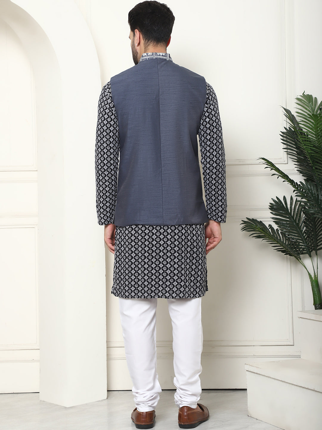 Men's Cotton Contrast Embroidered Grey Kurta and White Pyjama With Embroidered Grey Nehru Jacket