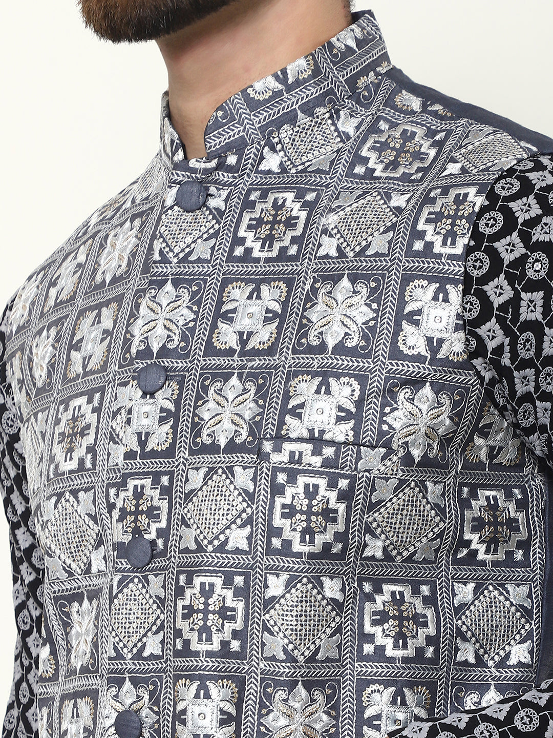 Men's Cotton Contrast Embroidered Grey Kurta and White Pyjama With Embroidered Grey Nehru Jacket