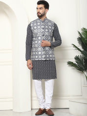 Men's Cotton Contrast Embroidered Grey Kurta and White Pyjama With Embroidered Grey Nehru Jacket