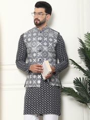 Men's Cotton Contrast Embroidered Grey Kurta and White Pyjama With Embroidered Grey Nehru Jacket