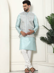 Men's Silk Blend Printed Sky Blue Kurta and Cream Pyjama With Designer Sky Blue Nehru Jacket