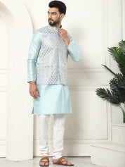 Men's Silk Blend Printed Sky Blue Kurta and Cream Pyjama With Designer Sky Blue Nehru Jacket