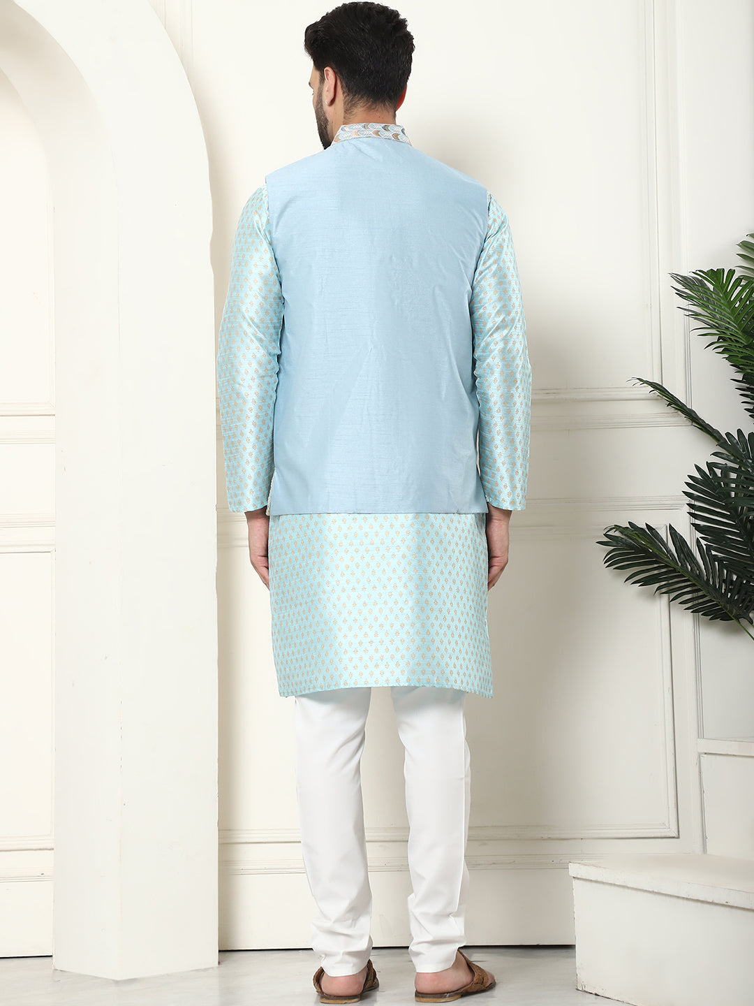 Men's Silk Blend Printed Sky Blue Kurta and Cream Pyjama With Designer Sky Blue Nehru Jacket