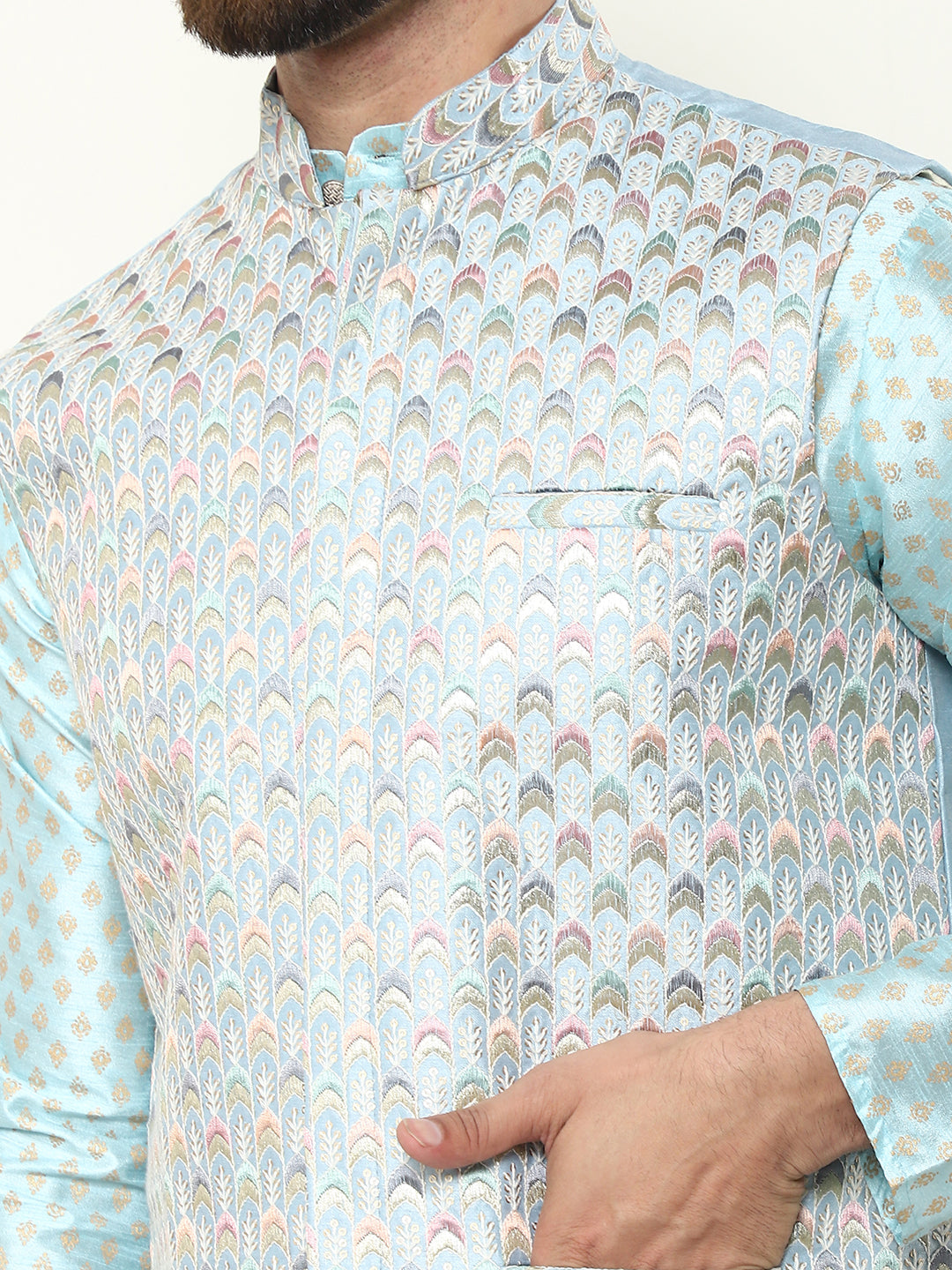 Men's Silk Blend Printed Sky Blue Kurta and Cream Pyjama With Designer Sky Blue Nehru Jacket